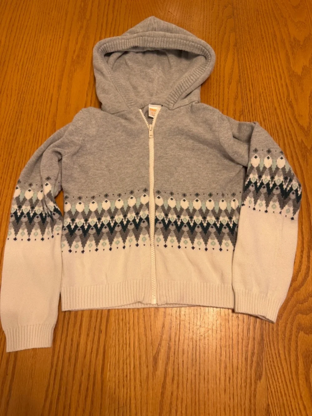 Gymboree Gray and White Hooded Zip Cardigan with Fair Isle Size 7/8